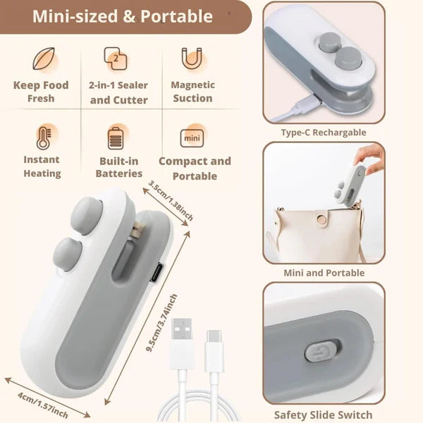 USB Rechargeable Mini Bag Sealer & Cutter | Portable Food Storage Heat Sealer