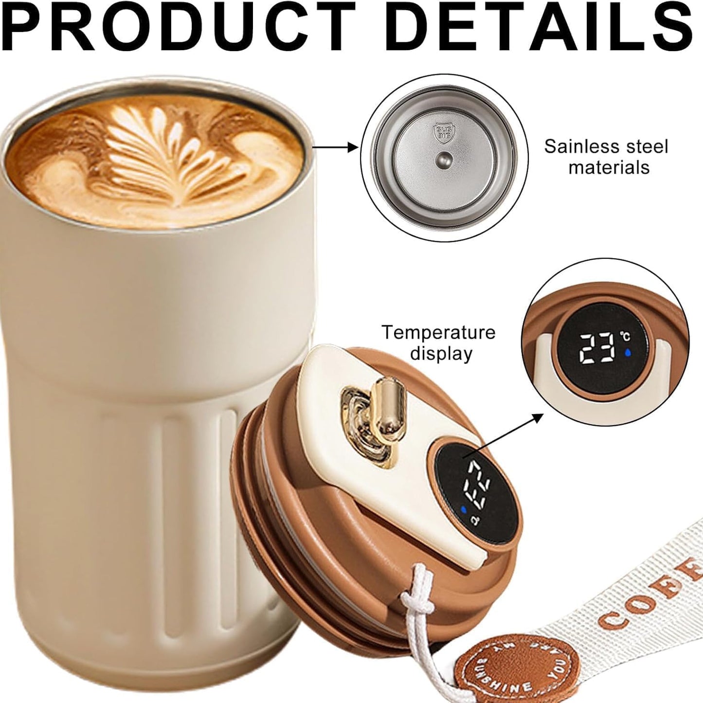 Aesthetic Coffee Tumbler Cup with Handle Strap -  Double Wall Insulated Travel Mug for Office & Travel